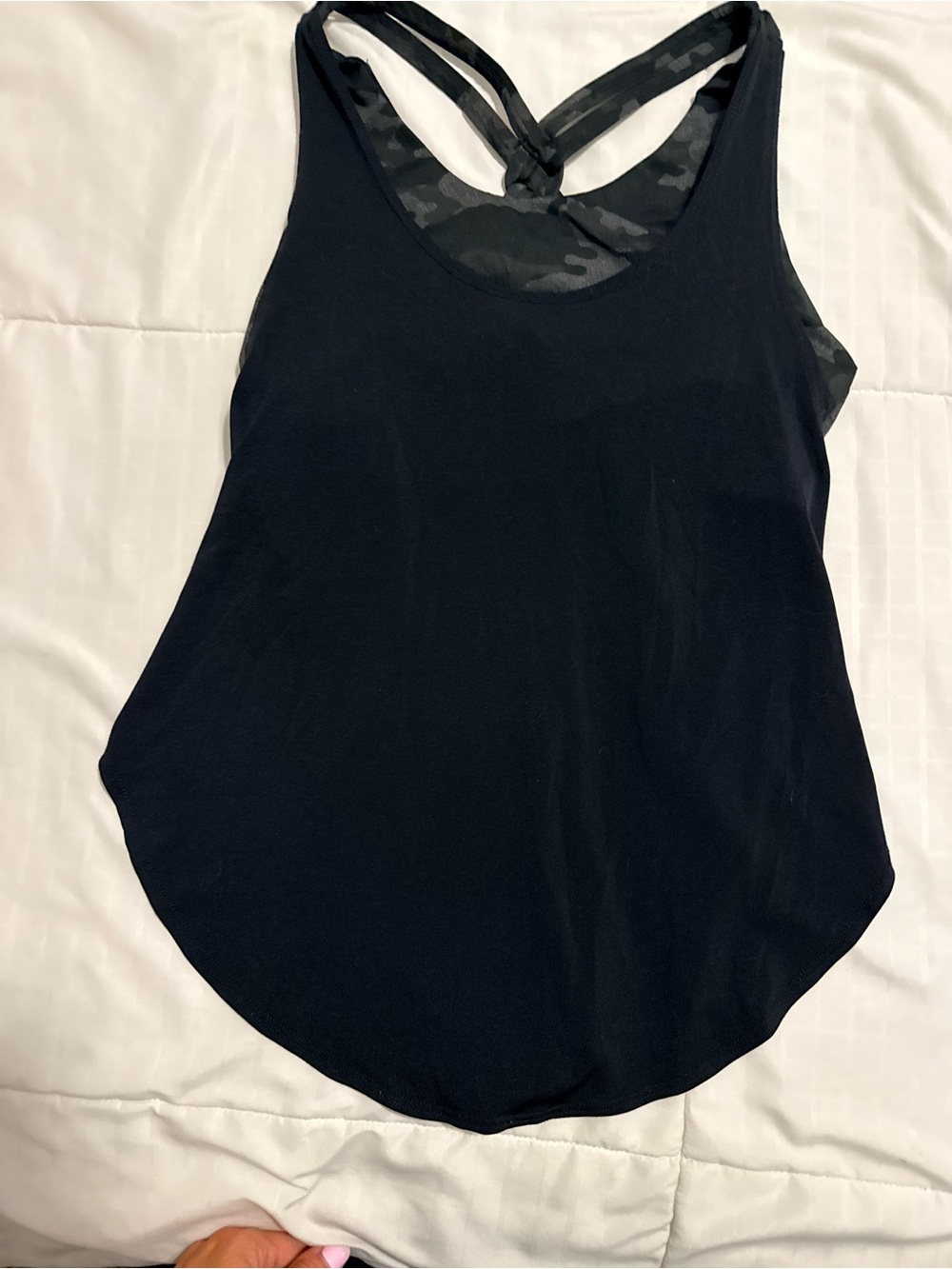 Fabletics Black Racerback Tank with Camouflage Lining
